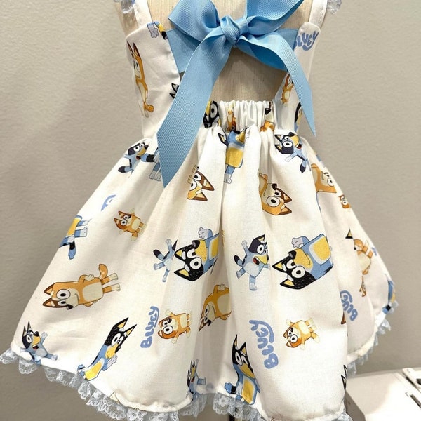 Blue dog Bluey bingo inspired toddler dress custom birthday party dress several fabrics theme party dress dog dress blue show dress bingo