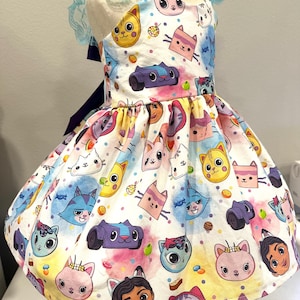 Toddler Gabby Dollhouse Cat Dress with Hairbow, gabby cat dress, multiple fabrics
