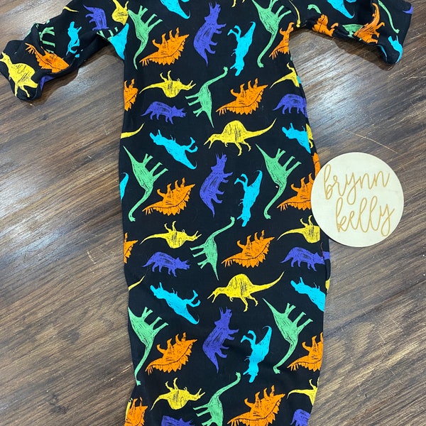 Dino Dinosaur Baby boy Newborn Gown Baby shower Gift, Knotted Gown, Hospital Baby Outfit, Baby Sleeper, Newborn Set, baby boy, Personalized