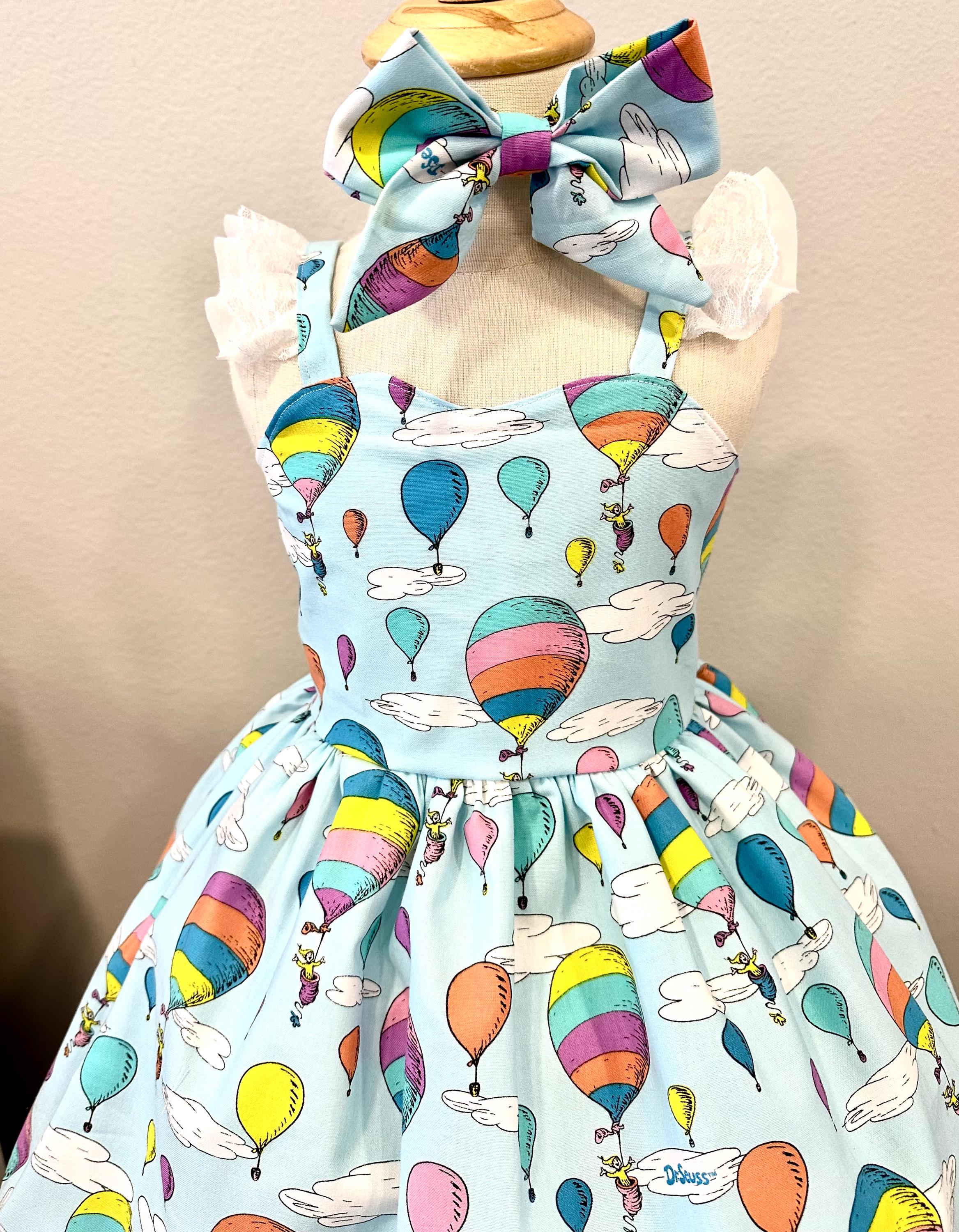 Dr. Seuss Hot Air Balloon Dress, Handmade Cotton Lace Birthday Outfit