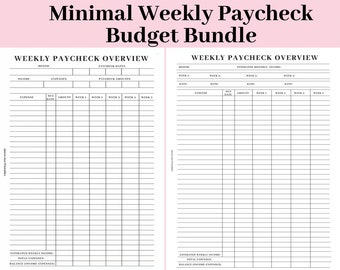 May include: Printable budget planner with two pages for weekly paycheck overview. The left page has sections for income, expenses, and paycheck amounts. The right page has sections for estimated monthly income, expenses, and paycheck amounts. The pages are divided into five weeks.