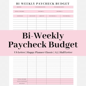 Bi-Weekly Paycheck Budget |  Bill Organizer | Paycheck Planner