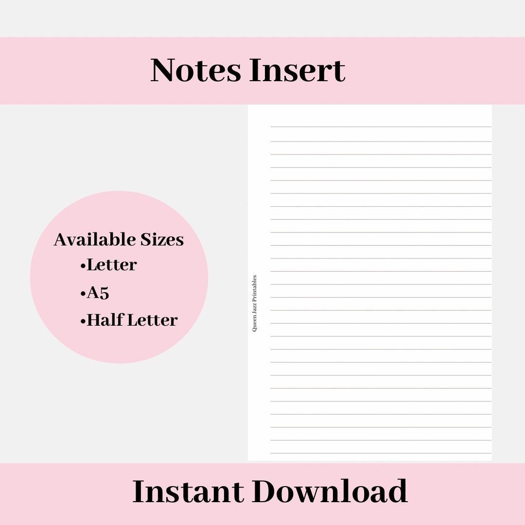 Printable Lined Note Paper: Planner Inserts (letter, A5, Half Letter ...