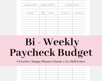 Minimal Bi-Weekly Paycheck Budget |  Bill Organizer | Paycheck Planner