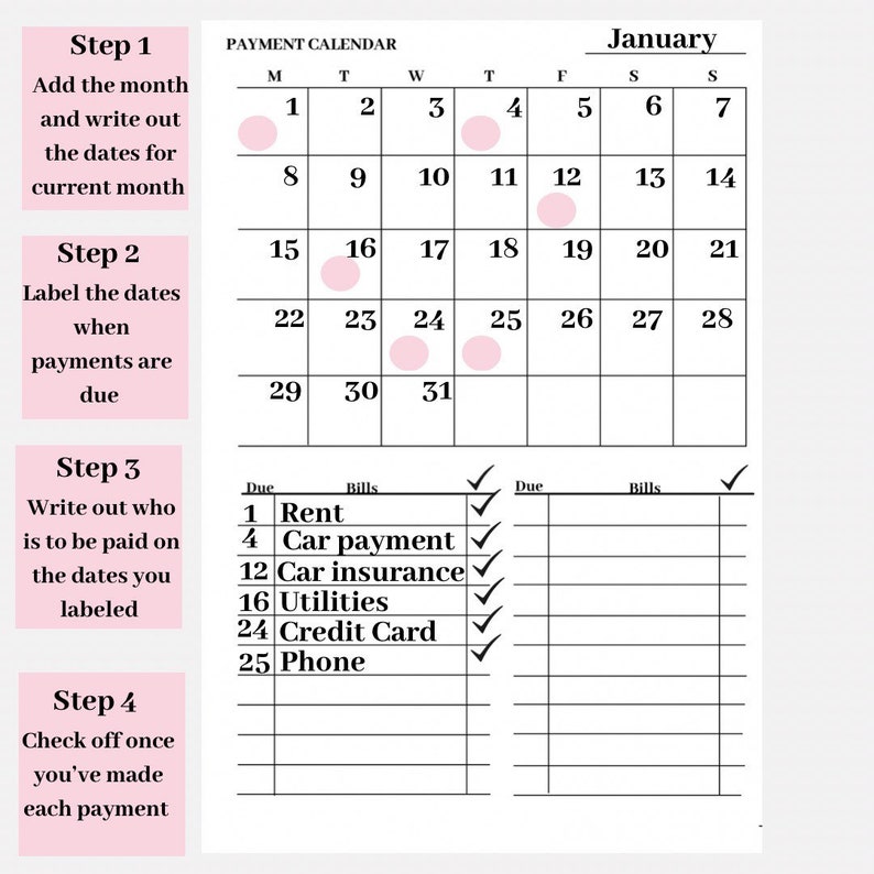 Budget Calendar Bill Payment Calendar Monthly Bill Payment Checklist - Etsy