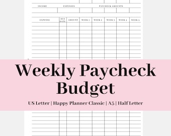 Minimal 5 Week Paycheck Planner | Weekly Paycheck Budget Template | Monthly Bill Organizer
