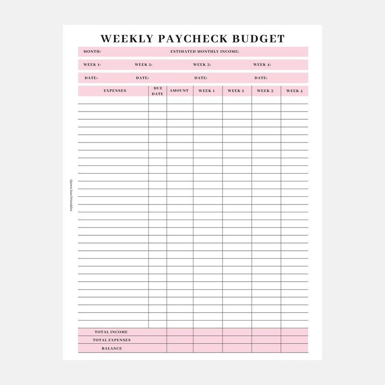 Weekly Balance Check Planner Weekly Paycheck Budget Planner: Minimalist Bill Organizer (digital ...