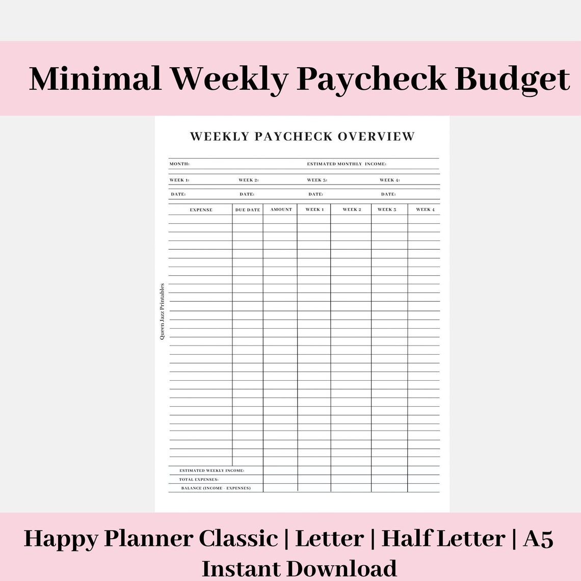 Minimal Weekly Paycheck Planner | Weekly Paycheck Budget Template ...