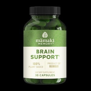 Puede incluir: Una botella verde y blanca de suplemento dietético Mamaki Memory Brain Support+ con 30 cápsulas. La botella está etiquetada con el texto "100% a base de plantas" y "Producto de Hawái".