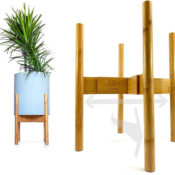 SARIWA Mid Century Plant Stand - Plant Stand for Indoor Plants - Adjustable Size fits 8-12 inch Pot Planters - Premium Natural Bamboo