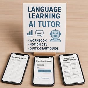 May include: A white sign with the text "LANGUAGE LEARNING AI TUTOR" and a robot graphic. Three smartphones display vocabulary, practice sessions, and grammar prompts. The sign also lists "WORKBOOK", "NOTION CSV", and "QUICK-START GUIDE".
