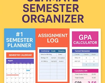 Op de afbeelding: Een gele achtergrond met de tekst "ULTIMATE SEMESTER ORGANIZER". De afbeelding toont een semesterplanner, een opdrachtenlogboek en een GPA-calculator. De planner bevat een kalender voor augustus. De GPA-calculator toont cijfers en de cumulatieve GPA.