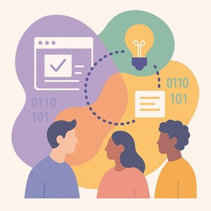 May include: Illustration of three people in front of abstract shapes. A lightbulb, a document, and a browser window with a checkmark are connected by a dotted line. Binary code is present. The people are wearing blue, pink, and yellow shirts.