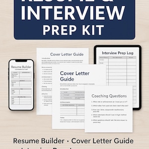 May include: A resume and interview prep kit with the text "INTERVIEW PREP KIT" at the top. The kit includes a phone displaying a resume builder, a cover letter guide, an interview prep log on a tablet, and coaching questions.