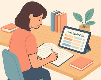 May include: Illustration of a person studying at a desk. The person is writing in a notebook with a pencil, with a tablet displaying a "Finals Study Plan". There are books and a potted plant on the desk. The person is wearing an orange shirt and blue pants.