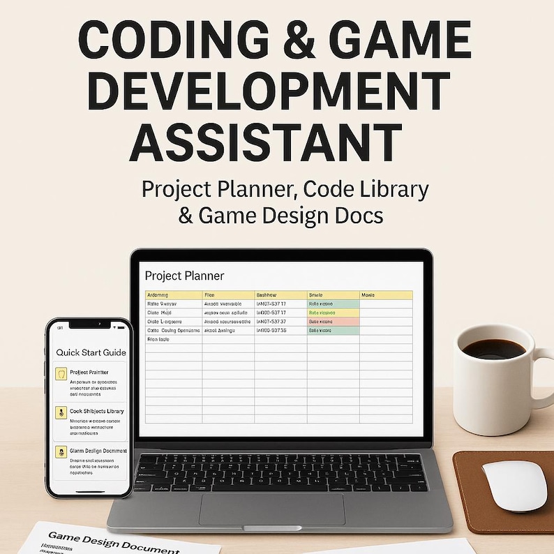 Op de afbeelding: Een laptop, smartphone en koffiemok staan op een houten bureau. De laptop toont een projectplanner spreadsheet. De smartphone toont een snelle startgids. De tekst op de afbeelding luidt "CODING & GAME DEVELOPMENT ASSISTANT".