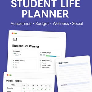 May include: A digital student life planner with a purple background. The planner includes sections for academics, budget, wellness, and social activities. Features include a student life planner, habit tracker, and daily plan. The text "INSTANT DOWNLOAD" is also visible.