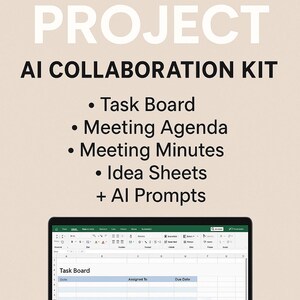 May include: A laptop displaying a task board, part of an AI collaboration kit. The image includes the text "GROUP PROJECT AI COLLABORATION KIT" and lists features like task boards, meeting agendas, and idea sheets. The laptop screen shows a spreadsheet.