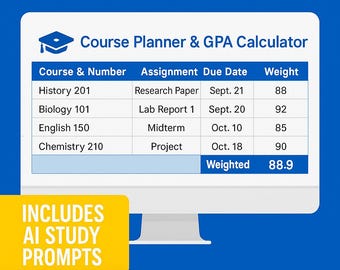 Course Planner & GPA Calculator | College Grade Tracker, Assignment Organizer, Academic Planner + Bonus Template