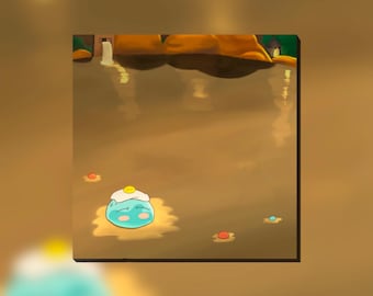以下が含まれることがあります： 水面に浮かぶ、黄色いトッピングが付いた漫画のスライムキャラクターのデジタルイラスト。背景には滝と小さなカラフルなオーブのある風景が描かれています。カラーパレットは暖かく、茶色と黄色の色合いです。