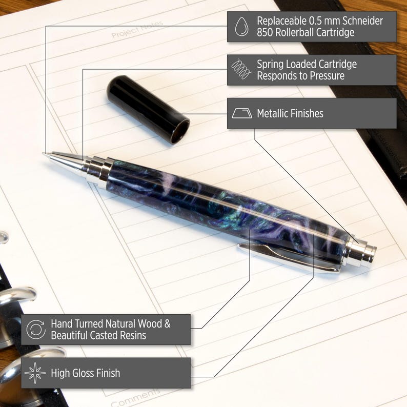 May include: A black and silver pen with a purple, blue, and green marbled design. The pen has a spring-loaded cartridge and a high gloss finish. It is made from hand-turned natural wood and beautiful casted resins.