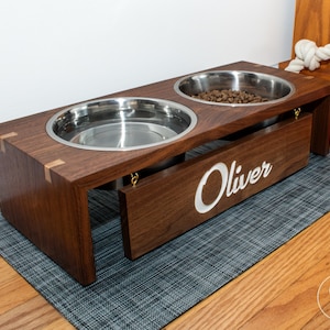 Personalized Large Wooden Dog Bow Riser With 64 oz. Stainless Steel Bowls
