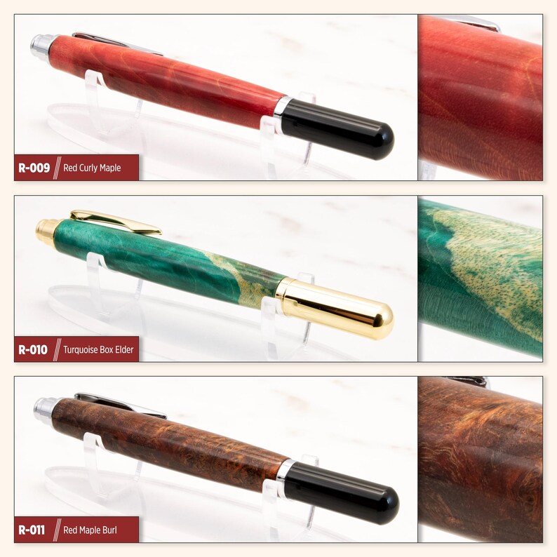 May include: Three wooden pens with different wood grain patterns and finishes. The pens are labeled R-009 Red Curly Maple, R-010 Turquoise Box Elder, and R-011 Red Maple Burl.