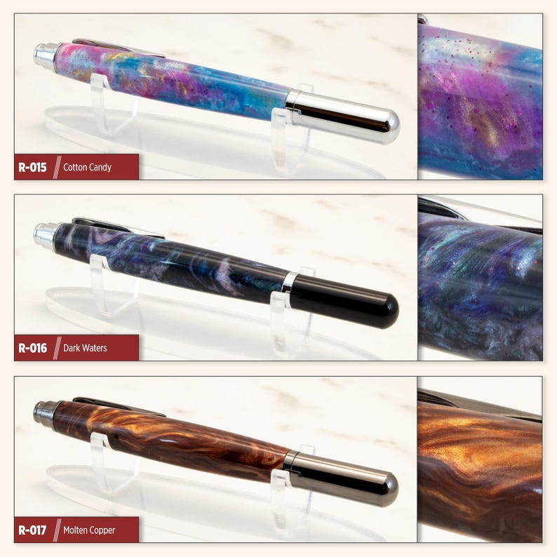 May include: Three pens with different colored and patterned barrels. The first pen has a blue, pink, and purple swirl pattern and is labeled "R-015 Cotton Candy". The second pen has a dark blue, black, and white swirl pattern and is labeled "R-016 Dark Waters". The third pen has a brown and orange wood grain pattern and is labeled "R-017 Molten Copper".