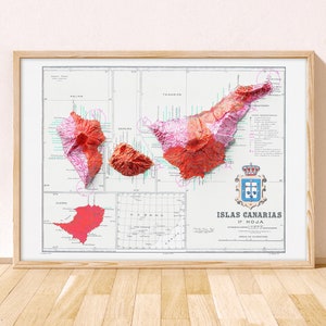 Canary Islands Topographic Map / Canaries Print / Giclée Fine Art Print, Tenerife map, La Gomera map,  La Palma map, Mount Teide print