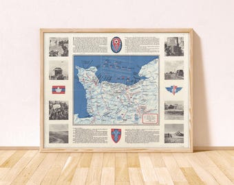 Mapa antiguo del desembarco del Día D en Normandía, 1944 / Mapa de Normandía, Mapa antiguo de la Segunda Guerra Mundial, Mapa de la Segunda Guerra Mundial, Desembarco de Normandía, Mapa antiguo de la Segunda Guerra Mundial
