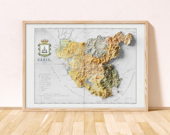 Cadiz Topographic Map / Giclée Fine Art Print / Cadiz Map / Cadiz Province, Jerez de la Frontera, Strait of Gibraltar, Catedral de Cádiz