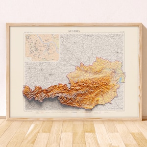 Austria Topographic Map / Giclée Fine Art Print / Austria Relief Map, Austria Shaded Relief Map, Austria Vintage Map, Austria Topo Map