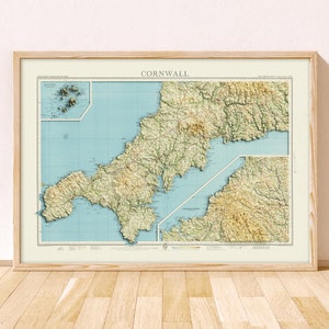 Cornwall Topographic Map / Giclée Fine Art Print / Falmouth, Penzance, St Ives, Truro, Newquay, St Austell Lizard Point, Porthcurno Padstow