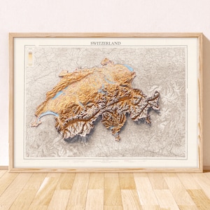 Switzerland Shaded Relief Map / Giclée Fine Art Print / Swiss Wall Art, Swiss Gifts, Switzerland Vintage Map, Shaded Relief Map, Zurich