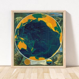 Bathymetric Map of the Pacific / Pacific Ocean Map / Vintage Polynesia Map, Oceanic Poster, Pacific Ocean Travel Art Print, Oceanic Map