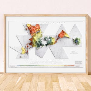 Dymaxion Airocean-wereldkaart / vollere projectie / hoogte-topo reliëf wereldkaart / moderne wereldkaart / vintage wereldkaart muurkunst