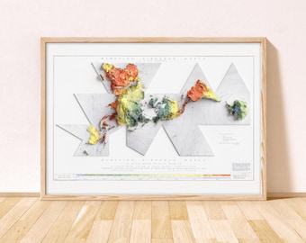 Dymaxion Airocean World Map / Fuller Projection / Elevation Topo Relief World Map / Modern World Map / Vintage World Map Wall Art