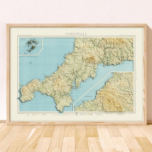 Cornwall Topographic Map / Giclée Fine Art Print / Falmouth, Penzance, St Ives, Truro, Newquay, St Austell Lizard Point, Porthcurno Padstow