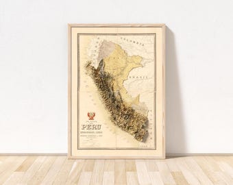Mapa topográfico do Peru / Impressão artística Giclée / Cordilheira dos Andes, Lima, Cusco, Trujillo, Machu Picchu, Cânion do Colca, Linhas de Nazca, Cuzco