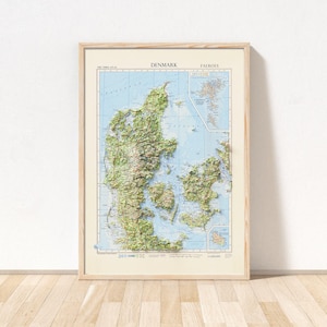 Topograficzna mapa Danii / Giclée Fine Art Print / Duńska sztuka ścienna, Wydruk artystyczny Danii, Mapa Danii Vintage, Plakat Danii, Mapa Danii