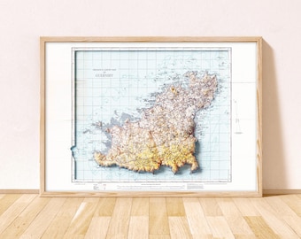 Mapa topográfico de Guernsey / Impresión artística Giclée / Impresión de Guernsey / Impresión de viaje a Guernsey / Islas del Canal, Saint Peter Port, Lihou