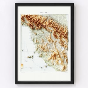 Mappa topografica della Toscana / Stampa d'arte Giclée / Firenze, Arezzo, Pisa, Livorno, Siena, Grosseto