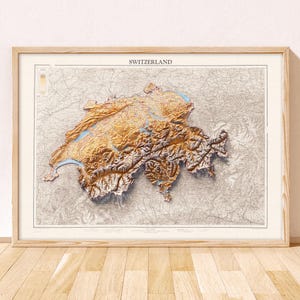 Skuggad reliefkarta över Schweiz / Giclée-konsttryck / Schweizisk väggkonst, schweiziska presenter, Schweiz vintagekarta, Skuggad reliefkarta, Zürich