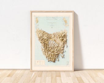 Tasmania Topographic Map / Giclée Fine Art Print /  Hobart,  Port Arthur, Cataract Gorge Reserve,  Mount Wellington, Holiday Print, Wall art