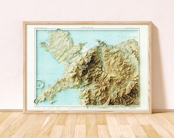 North Wales Topographic Map / Giclée Fine Art Print / Snowdon, Snowdonia, Gwynedd, Anglesey, Caernarfon, Bangor, Porthmadog, Pwllheli