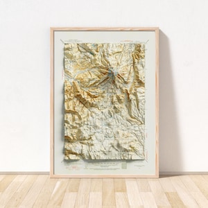 Mount Hood, Oregon Topographic Map / Giclée Fine Art Print / Shaded Relief 2D Map Print  / Poster Wall Art Decor Topography