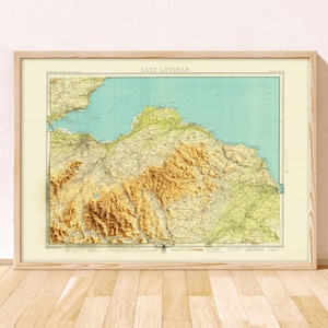 Mapa topográfico de East Lothian / Impresión artística Giclée / North Berwick, Dunbar, Haddington, Spott, East Linton, Edimburgo, Musselburgh