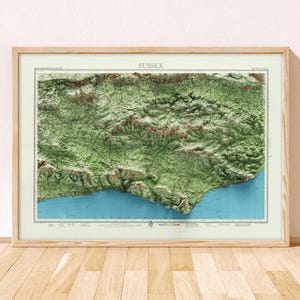 Topografische kaart Sussex / Giclée Fine Art Print / Bognor Regis, Worthing, Hove, Brighton, Eastbourne, Hastings, Crawley, Redhill, South Downs