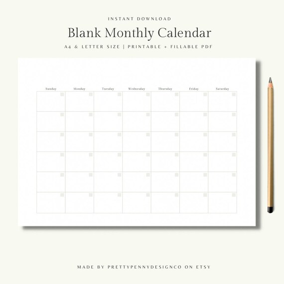 Blank Monthly Calendar Printable Landscape Minimalist - Etsy