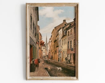 ヴィンテージフランスの街並みの絵画、アンティークな街並みの印刷可能